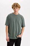 Defacto D6070 Yeşil %100 Pamuk Boxy Fit Bisiklet Yaka Basic Düz Kısa Kollu Tişört