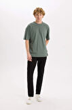 Defacto D6070 Yeşil %100 Pamuk Boxy Fit Bisiklet Yaka Basic Düz Kısa Kollu Tişört