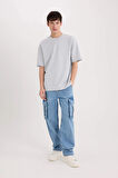 Defacto X3926 Gri Oversize Geniş Kalıp Ütü Gerektirmeyen Bisiklet Yaka Kısa Kollu Basic Düz Ağır Kumaş Tişört