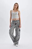 DeFacto Wide Leg Kargo Yüksek Bel Uzun Yumuşak Jean Yıkamalı Pantolon C3255AX24HSNM55