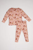 Kız Bebek Pijama Takımı Gökkuşağı Baskılı Uzun Kollu Fitilli Kaşkorse Üst Beli Lastikli Uzun Alt