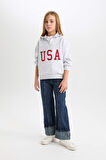 Kız Çocuk Relax Fit Yarım Fermuarlı Slogan Baskılı İçi Yumuşak Tüylü Sweatshirt