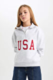 Kız Çocuk Relax Fit Yarım Fermuarlı Slogan Baskılı İçi Yumuşak Tüylü Sweatshirt