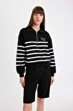 DeFacto Regular Fit Yarım Fermuarlı Dik Yaka Çizgili Kalın Sweatshirt D5297AX24AUBK81