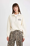 DeFacto Regular Fit Baskılı Yarım Fermuarlı Dik Yaka Kalın Sweatshirt D5298AX24AUBG759