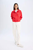 DeFacto Regular Fit Yarım Fermuarlı Dik Yaka Baskılı Kalın Kırmızı Sweatshirt D5299AX24AURD117