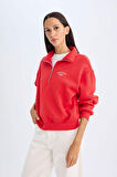 DeFacto Regular Fit Yarım Fermuarlı Dik Yaka Baskılı Kalın Kırmızı Sweatshirt D5299AX24AURD117