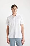 DeFacto Regular Fit Yazlık Keten Karışımlı Polo Yaka Kısa Kollu Beyaz Gömlek D4498AX24SMWT34