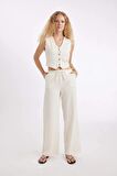 DeFacto 	Keten Karışımlı Pantolon Wide Leg Geniş Bol Paça Cepli Basic Düz Normal Bel Standart Boy D1010AX24HSER42