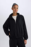 DeFactoFit Oversize Geniş Kalıp Cepli Dokuma Sporcu Fermuarlı Hırka C9625AX25SPBK81