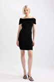 DeFacto Bodycon Omuzu Açık Fitilli Kaşkorse Uzun Kollu Mini Elbise D1171AX24SMBK81