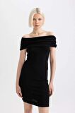 DeFacto Bodycon Omuzu Açık Fitilli Kaşkorse Uzun Kollu Mini Elbise D1171AX24SMBK81