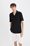 DeFacto 	Modern Fit Polo Yaka Dokulu Penye Kısa Kollu Siyah Gömlek C4125AX25SMBK81