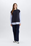 DeFacto Bisiklet Yaka Çizgili Gömlek Görünümlü Sweatshirt Tunik E1393AX25SPNV243