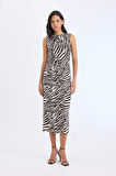 Bodycon Vücudu Saran Yarım Balıkçı Yaka Zebra Desenli  Tül Kolsuz Midi Elbise