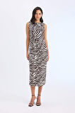 Bodycon Vücudu Saran Yarım Balıkçı Yaka Zebra Desenli  Tül Kolsuz Midi Elbise