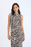 Bodycon Vücudu Saran Yarım Balıkçı Yaka Zebra Desenli  Tül Kolsuz Midi Elbise