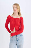 DeFacto Fitted Açık Omuz Crop Kırmızı Triko Kazak E0727AX24WNRD332