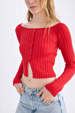 DeFacto Fitted Açık Omuz Crop Kırmızı Triko Kazak E0727AX24WNRD332