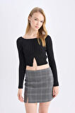 DeFacto Fitted Açık Omuz Crop Siyah Triko Kazak E0727AX24WNBK81