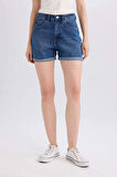 Mom Fit Yüksek Bel Katlamalı Paça Jean Şort