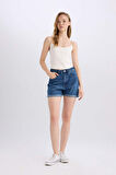 Mom Fit Yüksek Bel Katlamalı Paça Jean Şort