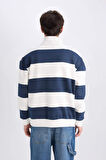 Boxy Fit Dik Yaka Yarım Fermuarlı Çizgili Sweatshirt