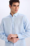 Regular Fit Polo Yaka Keten Basic Düz Uzun Kollu Gömlek