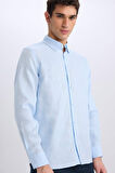 Regular Fit Polo Yaka Keten Basic Düz Uzun Kollu Gömlek