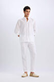 %100 Keten Regular Fit Polo Yaka Yazlık Basic Düz Uzun Kollu Gömlek