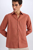 DeFacto %100 Keten Regular Fit Polo Yaka Yazlık Basic Düz Uzun Kollu Gömlek C1825AX25SMOG286