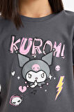 Kız Çocuk Kuromi Cropped Fit Bisiklet Yaka Ribana Kısa Kollu Tişört