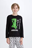 DeFacto Erkek Çocuk Minecraft Pijama Takımı Bisiklet Yaka Uzun Kollu Üst Beli Lastikli Uzun Alt D8101A824WNBK81