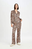 Fall in Love Leopar Desenli Uzun Kollu Saten Pijama Takımı