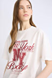 Oversize Geniş Kalıp Bisiklet Yaka Baskılı Kısa Kollu Tişört
