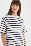 DeFacto Oversize Geniş Kalıp Bisiklet Yaka Çizgili Penye Kısa Kollu Tişört E5058AX25SPNV42