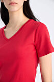 Slim Fit Dar Kesim V Yaka Ribana Basic Düz %100 Pamuk Kısa Kollu Tişört