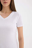 DeFacto 	Slim Fit Dar Kesim V Yaka Ribana Basic Düz Kısa Kollu Beyaz Tişört I1080AZ25SPWT34