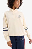 Defacto D7132 Ekru DeFactoFit Oversize Geniş Kalıp Yarım Fermuarlı Baskılı Sporcu Sweatshirt
