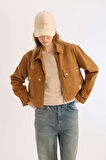 Coool Crop Dik Yaka Fermuarlı Cepli Gabardin Ceket
