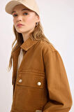 Coool Crop Dik Yaka Fermuarlı Cepli Gabardin Ceket