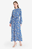 Regular Fit Bisiklet Yaka Çiçek Desenli Uzun Kollu Maxi Elbise