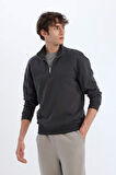 DeFacto Relax Fit Dik Yaka Fermuarlı Basic Düz Kalın Sweatshirt E5334AX24WNAR211