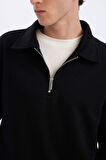 DeFacto Relax Fit Polo Yaka Fermuarlı Basic Düz Kalın Sweatshirt E5333AX24WNBK81
