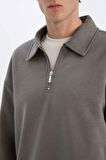 DeFacto Relax Fit Polo Yaka Fermuarlı Basic Düz Kalın Sweatshirt E5333AX24WNGR83