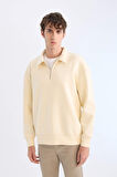 Relax Fit Polo Yaka Fermuarlı Basic Düz Kalın Sweatshirt