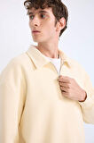 Relax Fit Polo Yaka Fermuarlı Basic Düz Kalın Sweatshirt
