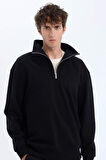 DeFacto Relax Fit Dik Yaka Fermuarlı Basic Düz Kalın Sweatshirt E5332AX24WNBK81