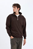 DeFacto Relax Fit Dik Yaka Fermuarlı Basic Düz Kalın Sweatshirt E5332AX24WNBN305