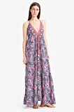 Regular Fit Etnik Desenli Boyundan Bağlamalı Maxi Plaj Elbisesi-Fall in Love